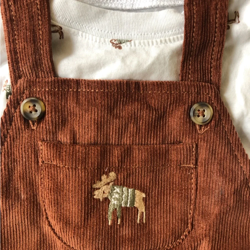 Carters Just One You 2pc Brown Moose Corduroy Overalls & Long Sleeve Top Sz 9 mo